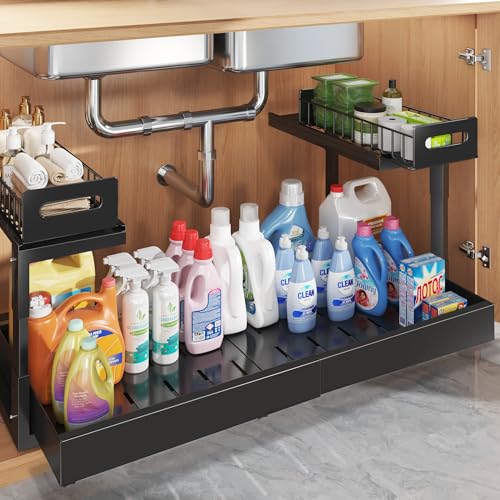 Image of 1 Pack-19 inch-32 inchW Expandable Under Sink Organizer With Upgrade Ball-Bearing Slide,2-Tier Pull Out Under Cabinet Organizer Height Adjustable,Not Suitable For Cabinets With Partitions In The Middle