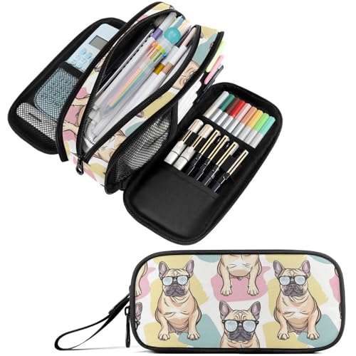 Image of Fustylead Cute French Bulldog Wear Glasses Large Pencil Case Portable Stationery Bag Cosmetics Bag with Handle for School Office Travel