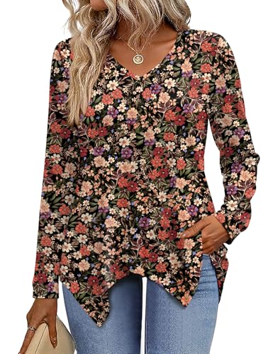 Rapbin Long Sleeve Womens Tops V Neck Casual Tunic Tops Basic Pleated Flowy Asymmetrical Hem Shirts Loose Fit 2025 M-3XL