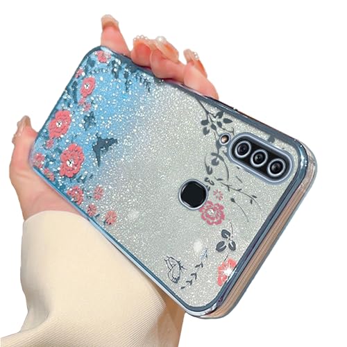 Image of Galaxy A20S Case, Gradual Change Glitter Crystal Soft TPU Stylish Butterfly Floral Heart Clear Protective Cover with Strap for Samsung Galaxy A20S (Blue)