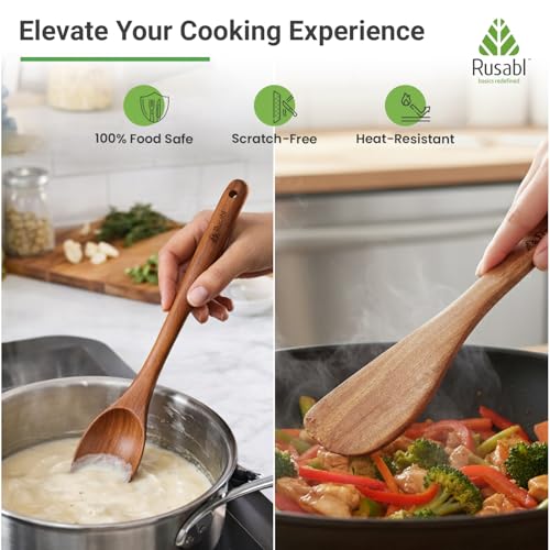 Image of Rusabl Pack of 5 Neem Wood Spatula, Spoonula, Slotted Spoon, Ladle, | Serving Spoon, Seamless Design Non Stick Cookware for Cooking and Baking