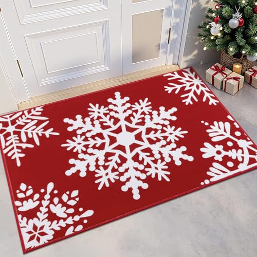 HEBE Christmas Area Rug - 2'x3' Non Slip Boho Red Snow Rugs for Living Room, Washable Soft Area Rugs for Bedroom Christmas Low Pile Indoor Floor Carpet for Entryway Xmas Holiday Decor
