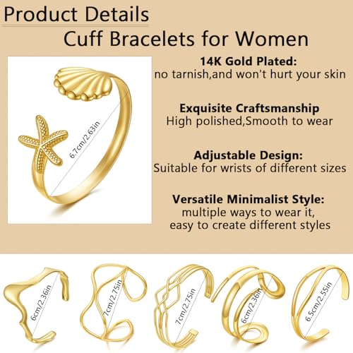COLOYAN 6PCS Gold Cuff Bracelets Cuff Bangles for Women 14K Gold Plated Twisted Cross Cuff Wire Simple Multilayer Open Thin Bangle Beach Vacation Cuff Bracelets Set4