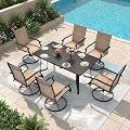 DSNAPE 7 Pieces Patio Table and Chairs Set, 63" Metal Dining Table with Umbrella Hole, 6 High Back Textilene Swivel Chairs, Dining Table Set for 6, Outdoor Furniture for Porch Deck Yard Balcony, Brown