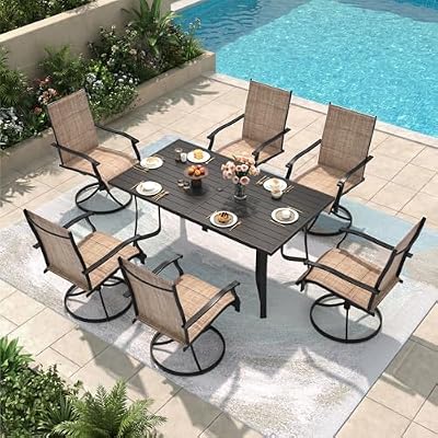 DSNAPE 7 Pieces Patio Table and Chairs Set, 63" Metal Dining Table with Umbrella Hole, 6 High Back Textilene Swivel Chairs, Dining Table Set for 6, Outdoor Furniture for Porch Deck Yard Balcony, Brown