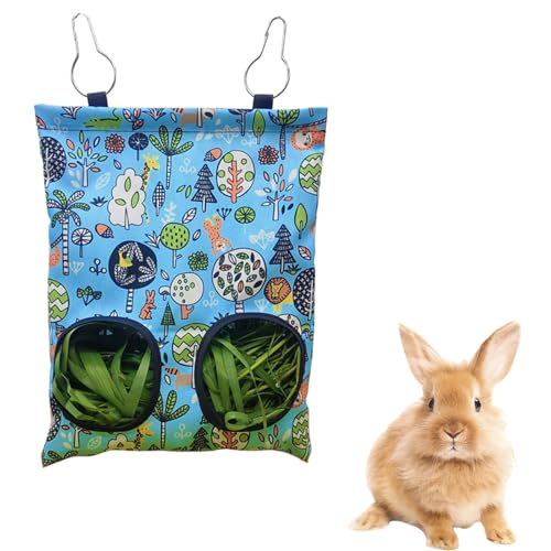 BDEPSTR Bolsa de Heno para Conejos y Cobayas con 2 Agujeros, Comedero de Tela Lavable para Mascotas Pequeñas, Dispensador de Heno Colgante para Chinchillas y Hámsteres, Diseño Bosque Azul