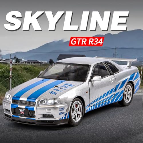 Image of 1:32 Nissan GTR Skyline R34 Diecast Car Models Toys Metal Alloy Openable Door and Sound & Light, Pull Back Toys Gifts for Boys Best Gift Car [Color As Per Stock]