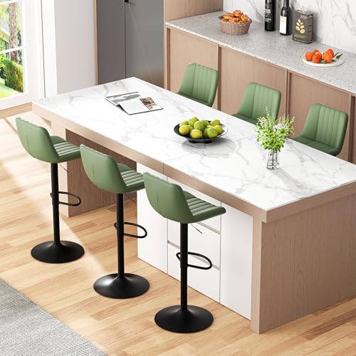 Image of JAMFLY Modern Leather Bar Stools - Swivel & Height-Adjustable Bar Chairs with Footrest, Ergonomic Design for Kitchen Island, Home & Commercial Bar - Set of 6, Green