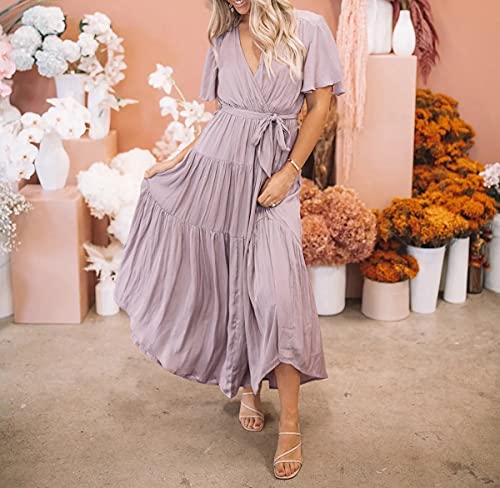 R.Vivimos Summer Dress for Women Cotton Ruffle Short Sleeves V Neck Casual Flowy Midi Dress with Belt4