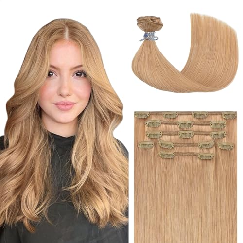 Honsoo Clip In Hair Extensions Golden Brown Real Human Hair Reddish Blonde 18in 70g 7pcs Vrigin 9a Natural Hair Extensions For Women