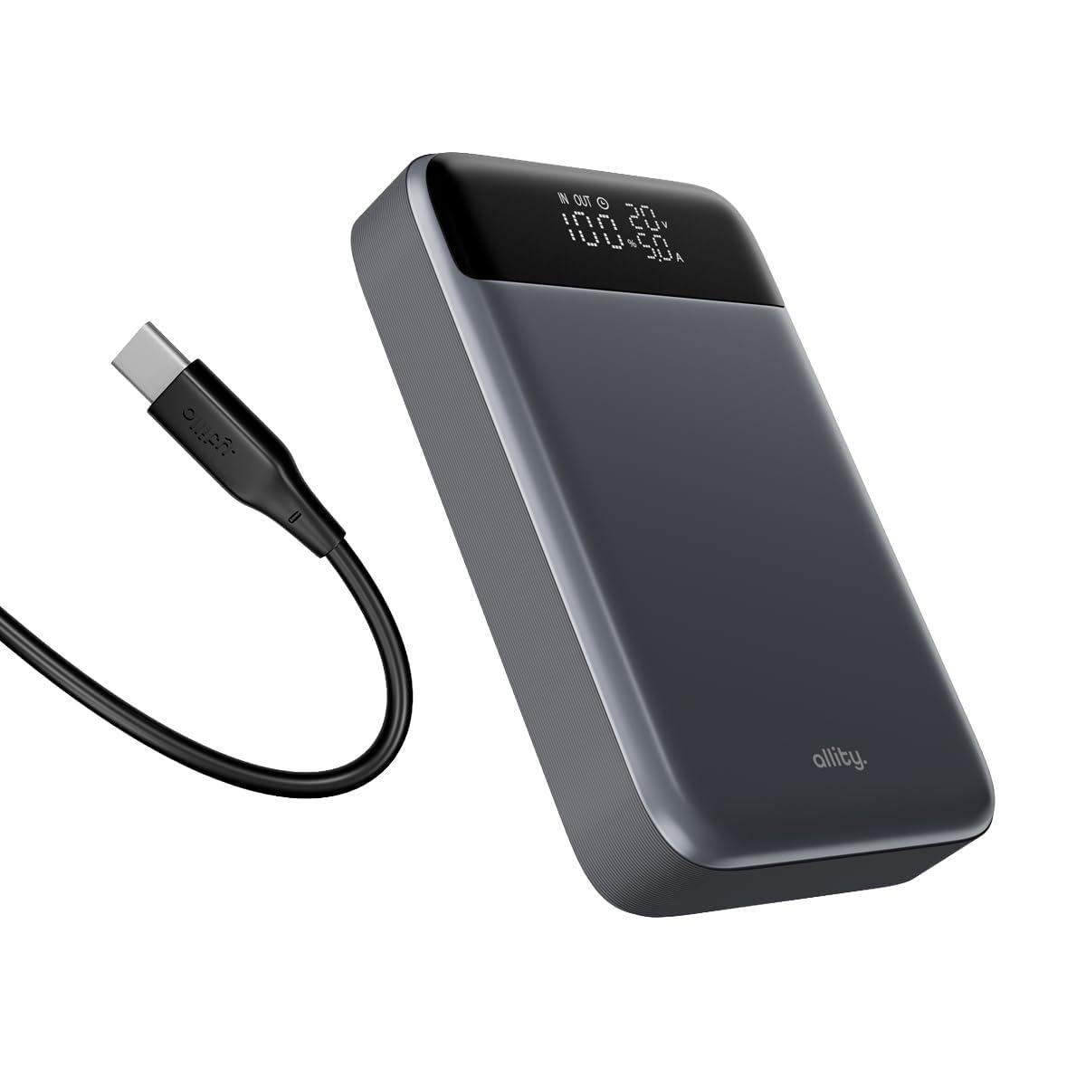 Powerbank 19200 mAh 130 W – Chargeur Rapide USB-C PD & QC pour Ordinateur Portable, téléphone Portable et Tablette – Boîtier en Aluminium, écran LCD, Compact, câble 100 W Inclus – Gris