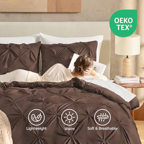 Image of Andency Queen Pinch Pleat Comforter Set (90 inchx90 inch),3 Piece Lightweight Pintuck Bedding Comforters & Sets, Fluffy Down Alternative Comforter with 2 Pillow Shams for All Season,Brown