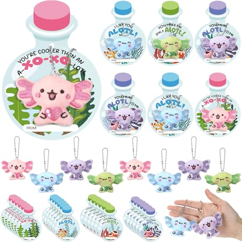 Seenelling 24 Pcs Valentines Day Axolotl Keychains Gifts Cute Axolotls Animal with Greeting Cards Bags for Valentine Gift Exchange Valentine's Axolotl Party Favors