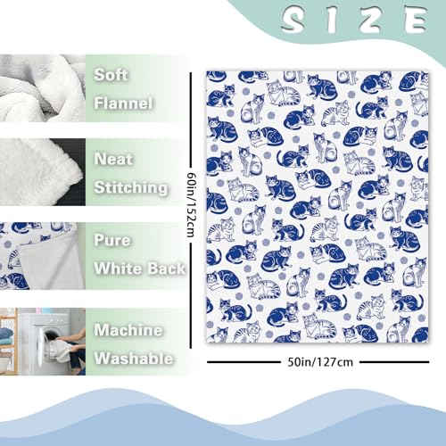 Zzkol Blue White Cat Flannel Throw Blanket, Cute Yarn Ball Birthday Gifts for Kids Men Women Pet Owner Lover, Vintage Soft Blankets for Bedding Sofa 50" x 60"