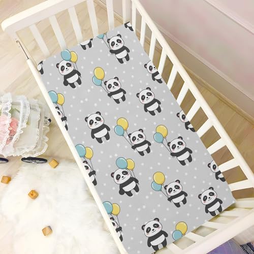 Image of Panda Stars Balloon Grey Fitted Crib Sheet for Boys Girls Baby Bed Sheet for Toddler Mattresses,39 x 27 in