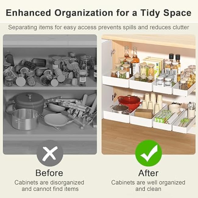 4 Pack Pull Out Cabinet Organizer, Different Size Pull Out Drawers for Cabinets, Peel and Stick Slide Out Drawer Shelves, Multifunctional Drawer Organizers for Kitchen, Pantry, Bathroom (White)