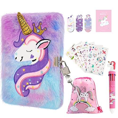 Diario Secreto Niña, Libreta Unicornia con Llave y Candado para Niñas y Chicas, Cuaderno Privado con Bolígrafo Multicolores, Pegatinas, Marcador Bonido, Nota Adhesiva para Chicas y Niños