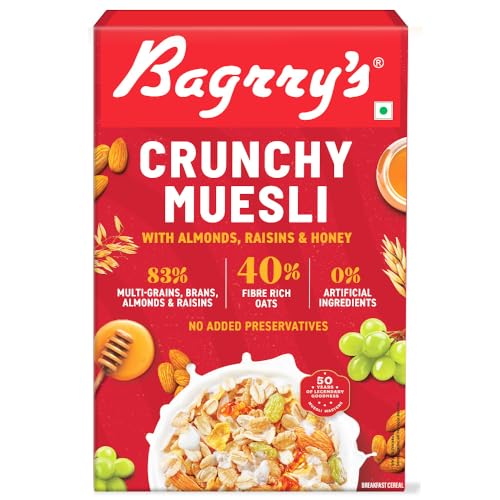 Image of Bagrry's Crunchy Muesli - 200g | 83% Multigrain, Brans, Almonds, Raisins & Honey | 40% Fibre Rich Oats | High Fibre and Protein Breakfast Cereal | No Added Preservatives | Non-GMO Oats | 100% Natural | Trans Fat & Cholesterol Free
