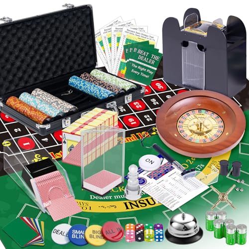 5 in 1 Super Pro Casino Game Set: Blackjack/Texas Hold'em/Roulette/Craps/Poker Kit, 10" Wooden Roulette Wheel, Carrying Case with 300 Clay Chips, 6 Deck Shuffler, 2 Double-Sided Rubber Mat And More