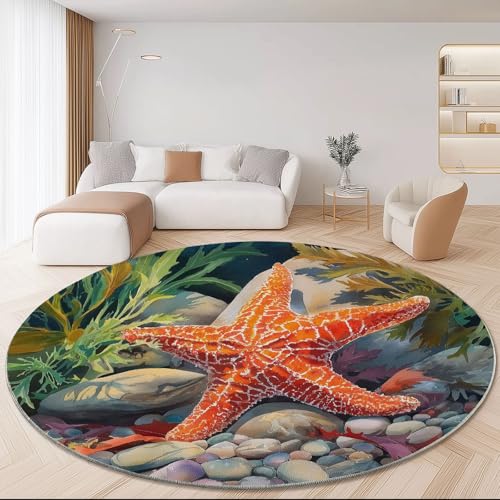 Alfombra Redonda Lavable de 90 cm, Acuarela Estrellas De Mar Naranjas Guijarros Imprimir Franela Antideslizante Alfombra Redonda, Marrón Claro Alfombras para Sala de Estar Dormitorio Pasillo Cocina