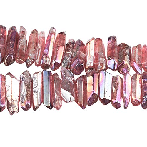 TUMBEELLUWA Rock Quartz Crystal Points Loose Beads for Jewelry Making, Titanium Coated Polished / Raw Quartz Points Beads 15 Inches Top Drilled,Burgundy Crystal Points(0.5"-1.6")