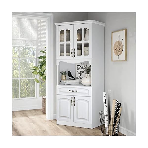 Living Skog Pantry Cabinets – Elegant and Timeless Kitchen Pantry Storage Cabinet with Microwave Stand – Corner Kitchen Cabinets – Hutch Design with Glass Door Storage - 23.67 x 36.19 x 73-inch
