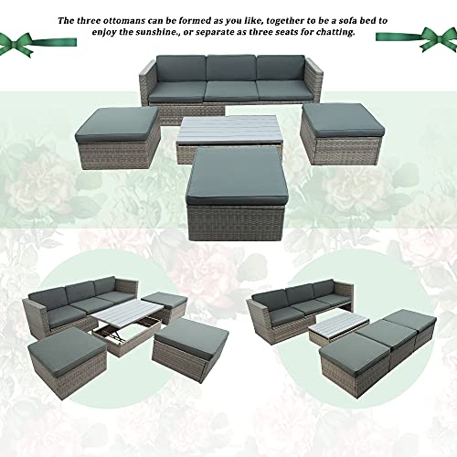 Godafa 5-Piece Outdoor Patio Furniture Set, Pe Rattan Conversation Sectional Sofa With Adustable Backrest, Cushions, Ottomans And Lift Top Coffee Table For Backyard Porch Poolside, Gray #TOP3