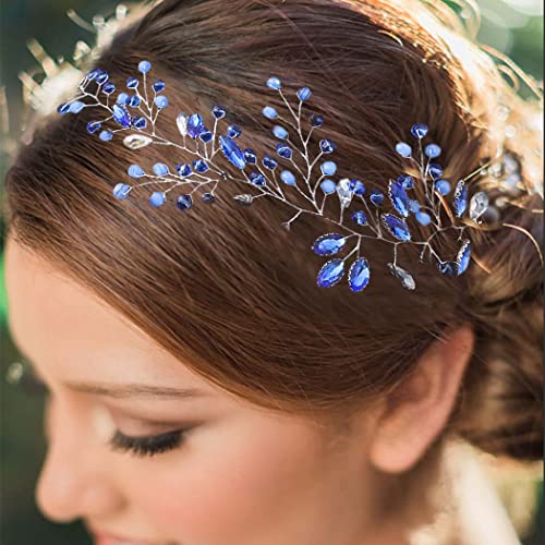 Flayem Wedding Hair Vine Blue Rhinestones Leaf Bridal Crystals Headpiece Crystal Tiara Headband Evening Party Prom - Image 3