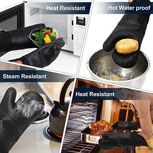 QUWIN Oven Mitts and Pot Holders Sets, Heat Resistant with Mini Oven Gloves and Hot Pads Potholders, Non-Slip Food Grade Long Oven Mitts for Kitchen Baking Cooking (6-Piece Set, Black)
