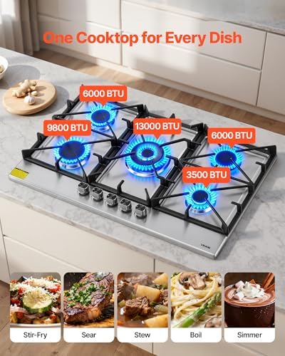 VEVOR 36 inch Gas Cooktop 5 Burners Gas Stove Top, Max 38300BTU Built-in Stainless Steel Stove Top LPG/NG Convertible Dual Fuel Cooktop Stoves with SABAF Dual-Ring Burner for Kitchen Apartment Rvs - 2