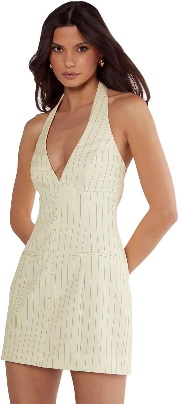 Women's Pinstripe Tailored Halter Waistcoat Dress