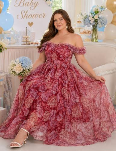 Image of EYWOL Plus Size Formal Wedding Guest Cocktail Party Floral Dress with Slit