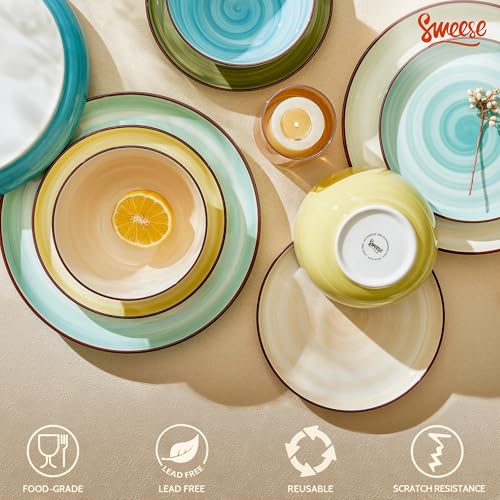 Image of Sweese Plates and Bowls Sets, 18 Piece Dinnerware Set Porcelain Round Dinner Set for 6, Scratch Resistant Dishes Set, Dishwasher and Oven Microwave Safe Handpainted Swirl Dishware Sets, Assorted Green