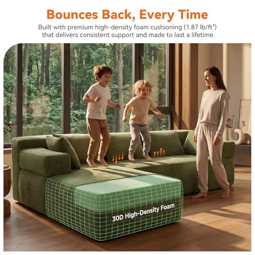 Image of MONVANE 106 inch Cloud Sectional Couch with L-Shaped Chaise, Modular Sectional Sofa with Deep Seat and Removable Armrests, Comfy Corduroy Boneless Couches for Living Room, No Assembly Required, Green