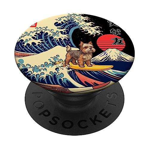 Biewer Terrier Japanese Kanagawa Wave Surf Loyal Dog PopSockets Swappable PopGrip, Black