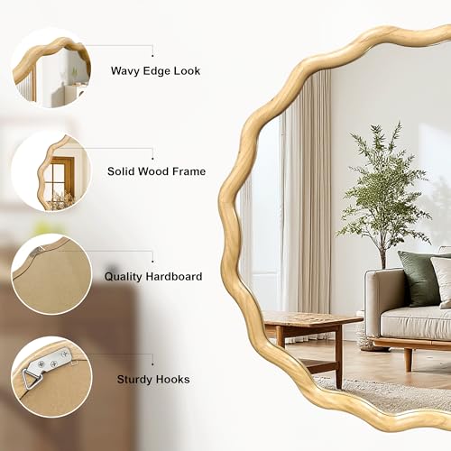 Circle Wood Mirrors for Wall, Wavy Round Bathroom Scalloped Mirror Wooden Frame 24 Inch for Living Room Farmhouse Bedroom Hallway Entryway Living Room with Shatterproof Glass Wall Mounted - Image 4