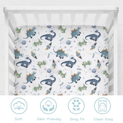 Image of Watercolor Space Dinosaurs Baby Crib Sheet 52''x28'' Cute Dinosaur Rockets Planet Stars Leaves Snug Fitted Crib Mattress Cover for Boy Girl Soft Baby Bed Sheet for Standard Crib and Toddler Mattress