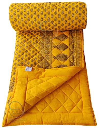 Image of Jaipuri Razai Single Bed Gold Print with Computerized Quilting Use as Soft and Breathable Cotton Comforter Quilt Rajai Blanket Dohar Size 55X85 inch Yellow Pack of 1