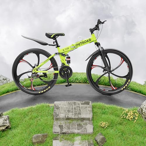 Outroad 26 Inch Folding Mountain Bike, 21 Speed Full Suspension High-Carbon Steel MTB Foldable Bicycle, Dual Disc Brake Non-Slip Folding Bikes for Adults/Men/Women, Black, Orange and Green - Image 3