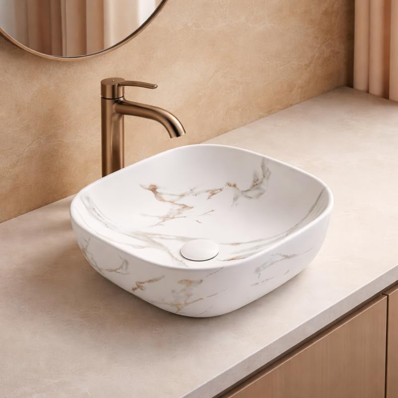 Vasque à poser carrée -41,5 cm -Blanc mat marbre -FRANCI