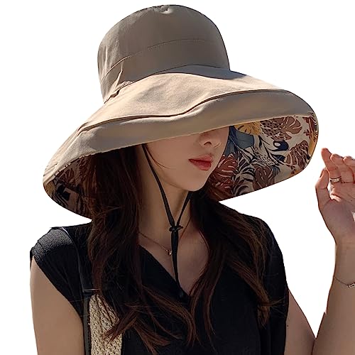Image of HUAMULAN Women Sun Hat Summer Bucket Beach Boonie Cotton Cap Wide Brim UPF 50