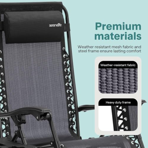 Zero Gravity Lounge Chair, Adjustable Steel Mesh Recliners, with Removable Pillows and Cup Holder Trays, Side Tables, Set of 2, Black by SereneLife - Image 3