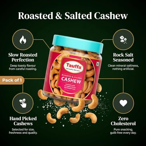 Image of Tauffa Premium Roasted & Salted Cashews 250g | Crunchy Whole Kaju with Rock Salt | Natural Kaaju Nuts | No Added Oil | Healthy Snack