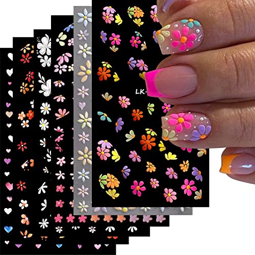 YOSOMK 6 Sheets Flower Nail Art Stickers Decals 5D Embossed Spring Daisy Nail Decals Self-Adhesive Nail Art Supplies White Yellow Colorful Heart Nail Accessories for Women Manicure Decorations Design.