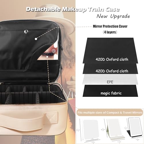 Image of MOMIRA Travel Makeup Bag Cosmetic Bag Makeup Organizer Bag with Lighted Mirror, Adjustable Brightness in 3 Color Scenarios, Waterproof Makeup Train Case, Gift for Women - Fleshcolor(Woven)