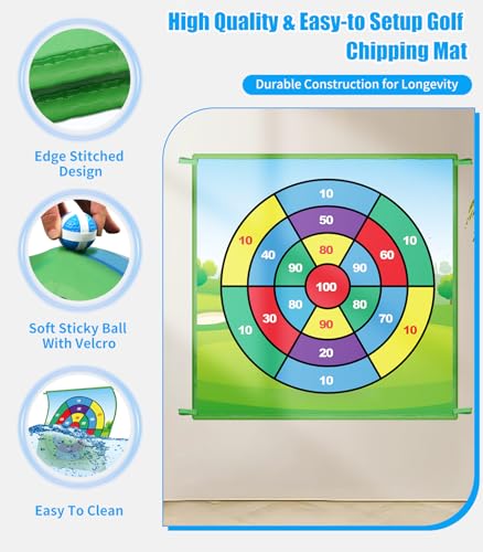 Golf Chipping Game Mat: 70"x70" Double-Sided 2in1 Golf Hitting Mat, Golf Chip and Practice Set with Stick Ball&Dart for Backyard Indoor Outdoor Family Battle Game, Christmas Ideal Gift for Kids Adults - Thumbnail 5