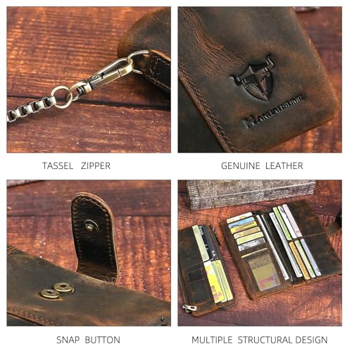 Image of Genuine Crazy Horse Leather Travel Gift Coin Pocket Card Case Long Organizer Chain Rfid Wallet Purse With Snap For Men Male 1803 1815 (1803B-Brown)