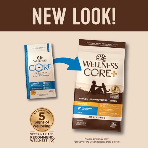 Image of Wellness CORE+ Adult Dry Cat Food for Indoor Cats, Natural, Grain Free Kibble, Salmon and Herring Meal Recipe, 11 lb Bag