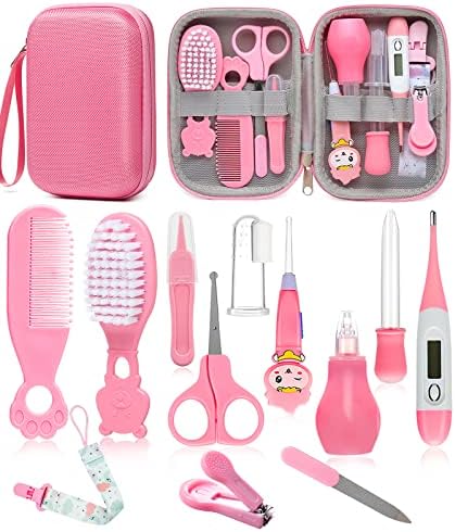 Baby Healthcare and Grooming Kit, Safety Newborn Nursery Care Set, with Hair Brush Comb, Nail Clipper, Thermometer, Pacifier Clip, Nasal Aspirator for Newborn Infant Baby Girls Boys (Pink)