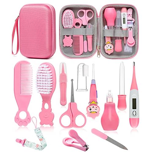 Baby Healthcare and Grooming Kit, Safety Newborn Nursery Care Set, with Hair Brush Comb, Nail Clipper, Thermometer, Pacifier Clip, Nasal Aspirator for Newborn Infant Baby Girls Boys (Pink.)